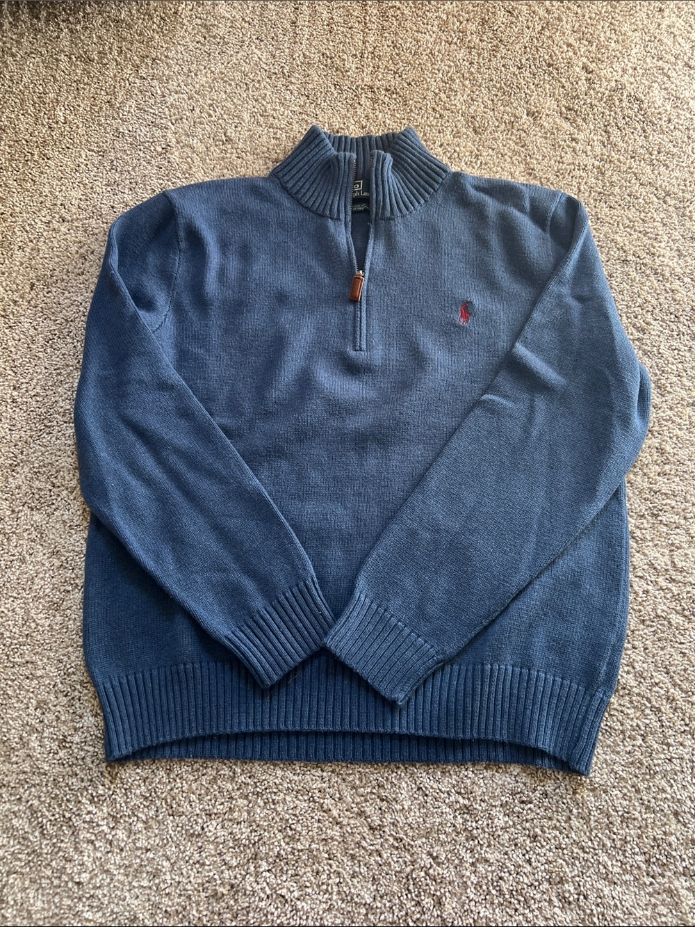 Ralph Lauren Men’s Navy Zip-Up Cotton Sweater with Red Pony